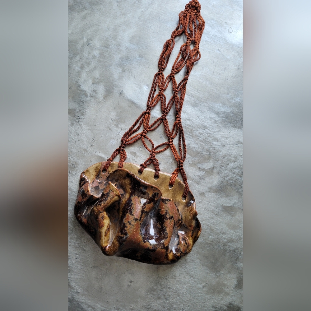 Vintage 70s Artisan Macrame Pottery